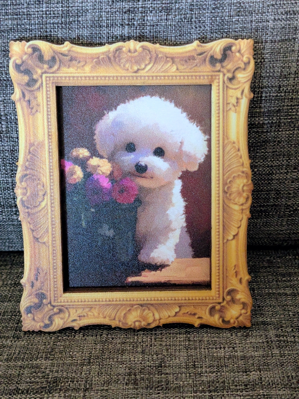 White Bichon Frise Art Print Magnet In Ornate Gold Frame